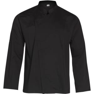 A black men's functional chef jacket featuring a single-breasted design and long sleeves, with a logo on the arm.