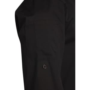 A black men's functional chef jacket featuring a pocket on the sleeve and a button detail.