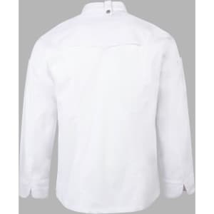 A white men's chef jacket featuring long sleeves and a back yoke design, with a logo on the sleeve.