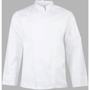 A white chef jacket with long sleeves and a mandarin collar, featuring a logo on one side.