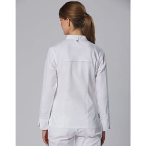 A white ladies' chef jacket with a fitted design, viewed from the back, featuring a small logo on the shoulder.
