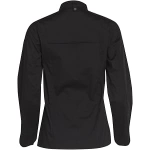 A black ladies' functional chef jacket featuring long sleeves and a button neck closure, with a back pocket and branding.