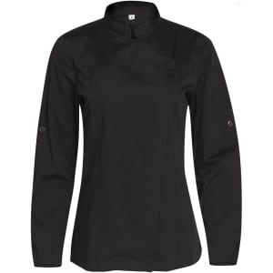 A black chef jacket with a modern design and buttons on the sleeves, featuring a logo on the chest.