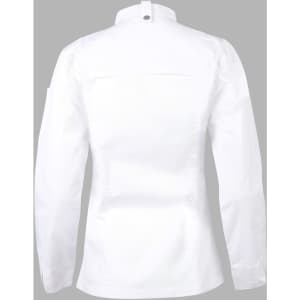 A white chef jacket featuring long sleeves and a button closure at the neck. Includes a branding logo on the sleeve.