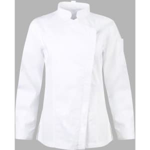 A white ladies' functional chef jacket with a mandarin collar and a sleeve pocket. Features include a stylish asymmetric design.