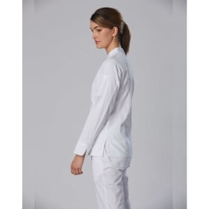 A white chef jacket designed for women, featuring long sleeves and a simple, elegant design.