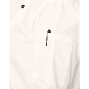 A white unisex executive chef jacket featuring a pen pocket and a logo on the sleeve.