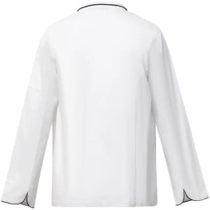 A unisex executive chef jacket in white, featuring contrasting black accents and long sleeves. The back view is displayed.