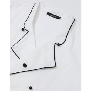 A white unisex executive chef jacket with black piping and buttons, featuring a branded label.