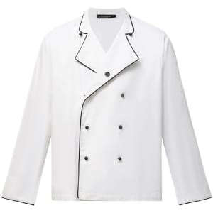 A white unisex executive chef jacket with a double-breasted design and black piping details.