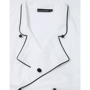 A white unisex executive chef jacket with black piping and buttons, featuring a collar design.