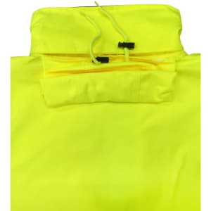 A bright yellow Hi-Vis long line safety jacket featuring a collar and adjustable drawstring, with a pocket detail.