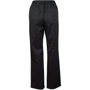 Black chef's pants with an elastic waistband and a single back pocket, featuring a logo.