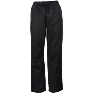 Black chef's pants featuring a relaxed fit and elastic waistband. Includes a logo.