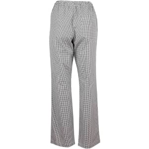 Black and white checkered chef's pants with an elastic waistband, viewed from the back. Features a logo.