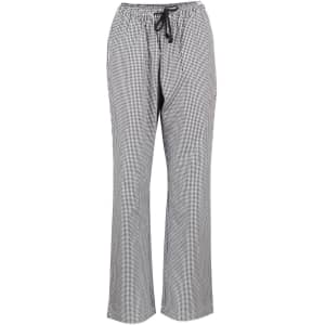 Black and white checkered chef's pants with an elastic waistband and drawstring. Features a logo on the waistband.