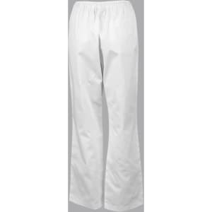White chef's pants with an elastic waistband and a back pocket. The trousers feature a straight-leg design.