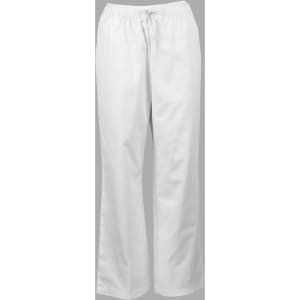 White chef's pants with an elastic waistband and a straight leg design, featuring a logo.