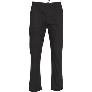 Black men's functional chef pants with an elastic waistband and side pocket. Features a simple design and logo.