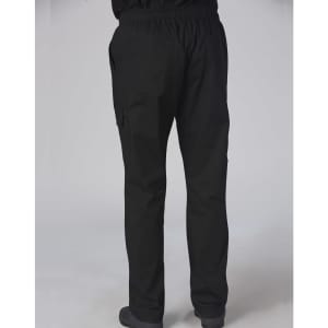 Men's functional chef pants in black, featuring a relaxed fit and side pockets, displayed from the back.