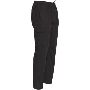 Men's functional chef pants in black, featuring an elastic waistband and pockets, with a logo present.