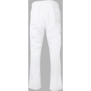 Men's functional chef pants in white, featuring an elastic waistband and side pockets. The design includes a logo.