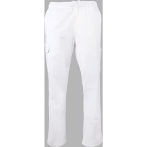 White chef pants featuring an elastic waistband and side pockets. The pants have a logo on them.
