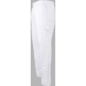 White chef pants with a relaxed fit and side pockets, featuring an elastic waistband and a branding logo.
