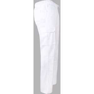 White men's functional chef pants with an elastic waistband and side pockets, featuring a logo.