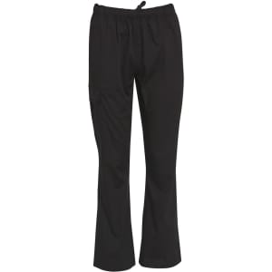 Black functional chef pants with an elastic waistband and a side pocket. Features a simple design and a logo.