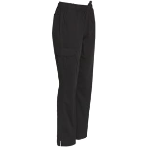 Functional ladies' chef pants in black, featuring an elastic waistband and cargo pockets. Includes a logo.