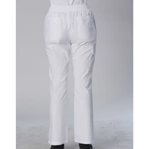 White chef pants with a relaxed fit, featuring pockets and an elastic waistband. Suitable for kitchen wear.