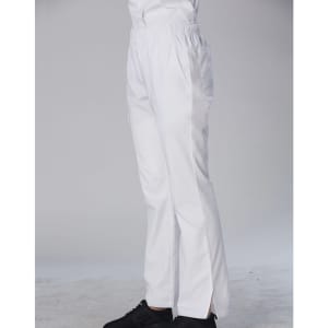 White chef pants featuring elastic waistband and pockets, displayed on a model against a neutral background.