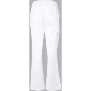 White ladies' chef pants with a flared bottom, featuring a back view and pockets. Includes a logo.