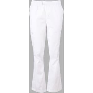 White ladies' chef pants with a relaxed fit and an elastic waistband. Features a side pocket and a clean design.