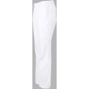 White chef pants with a relaxed fit, featuring an elastic waistband and side pockets.