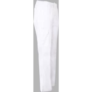 Ladies' functional chef pants in white with a smooth finish and side pockets, featuring an elastic waistband and a logo.