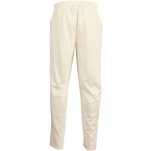 Cream-coloured men's cricket pants with an elastic waistband and side pockets. Features a logo on the waistband.