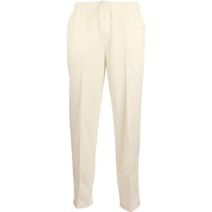 Light cream men's cricket pants with an elastic waistband and a logo. Suitable for various cricket activities.