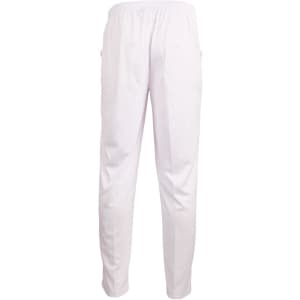 White men's cricket pants with an elastic waistband and pockets, featuring branding on the back.