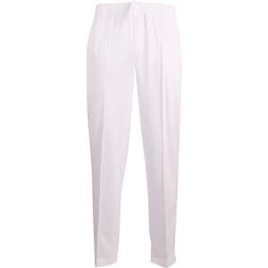 White men's cricket pants with an elastic waistband and a logo on the front.