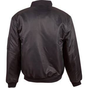 A black soft shell jacket with a ribbed collar and cuffs, featuring a smooth finish and a side pocket.
