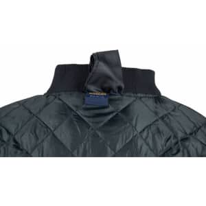 A dark green soft shell jacket with a quilted design and a ribbed collar, featuring a hanging loop at the back.