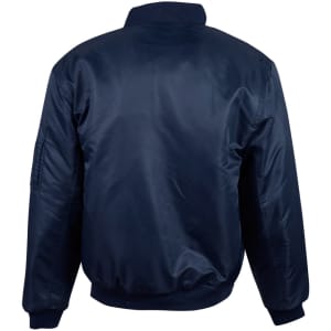A navy blue soft shell jacket with a ribbed collar and cuffs, featuring a logo on one sleeve.