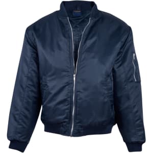 A navy blue soft shell jacket with a zip front and a side pocket, featuring a logo on the chest.