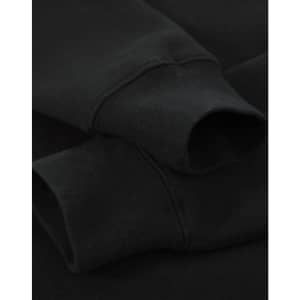 A black crew fleece jumper featuring ribbed cuffs, showcasing a soft fabric texture. It has a branding logo.
