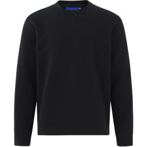 A black kids' crew neck fleecy sweater with long sleeves and a simple design. It features a logo on the label.