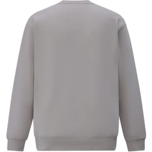 A grey crew fleece jumper with a simple design and ribbed cuffs. It features a logo on the back.
