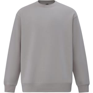 A grey crew fleece sweatshirt with long sleeves and a round neckline. It features a simple design and has a logo.