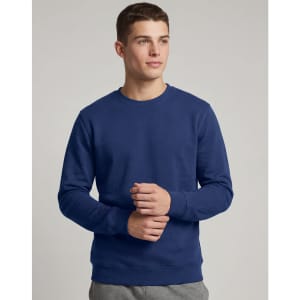 A navy crewneck fleece sweatshirt for men, featuring long sleeves and a simple design. Includes a logo.
